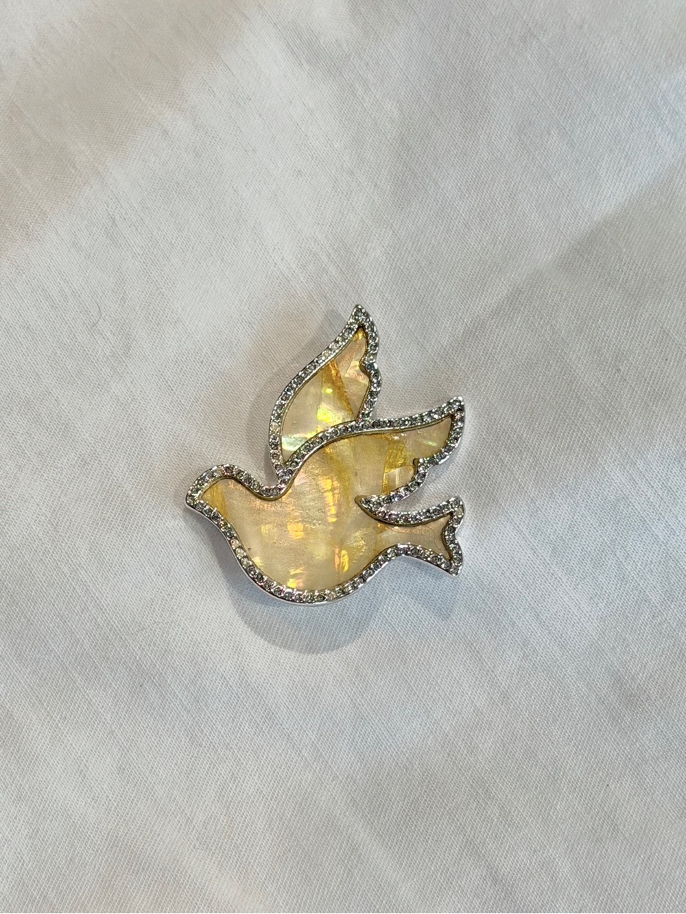 Enamel MOP Pearl Dove Bird Pin Brooch- Crystal Rhinestone Silver Tone Unbranded